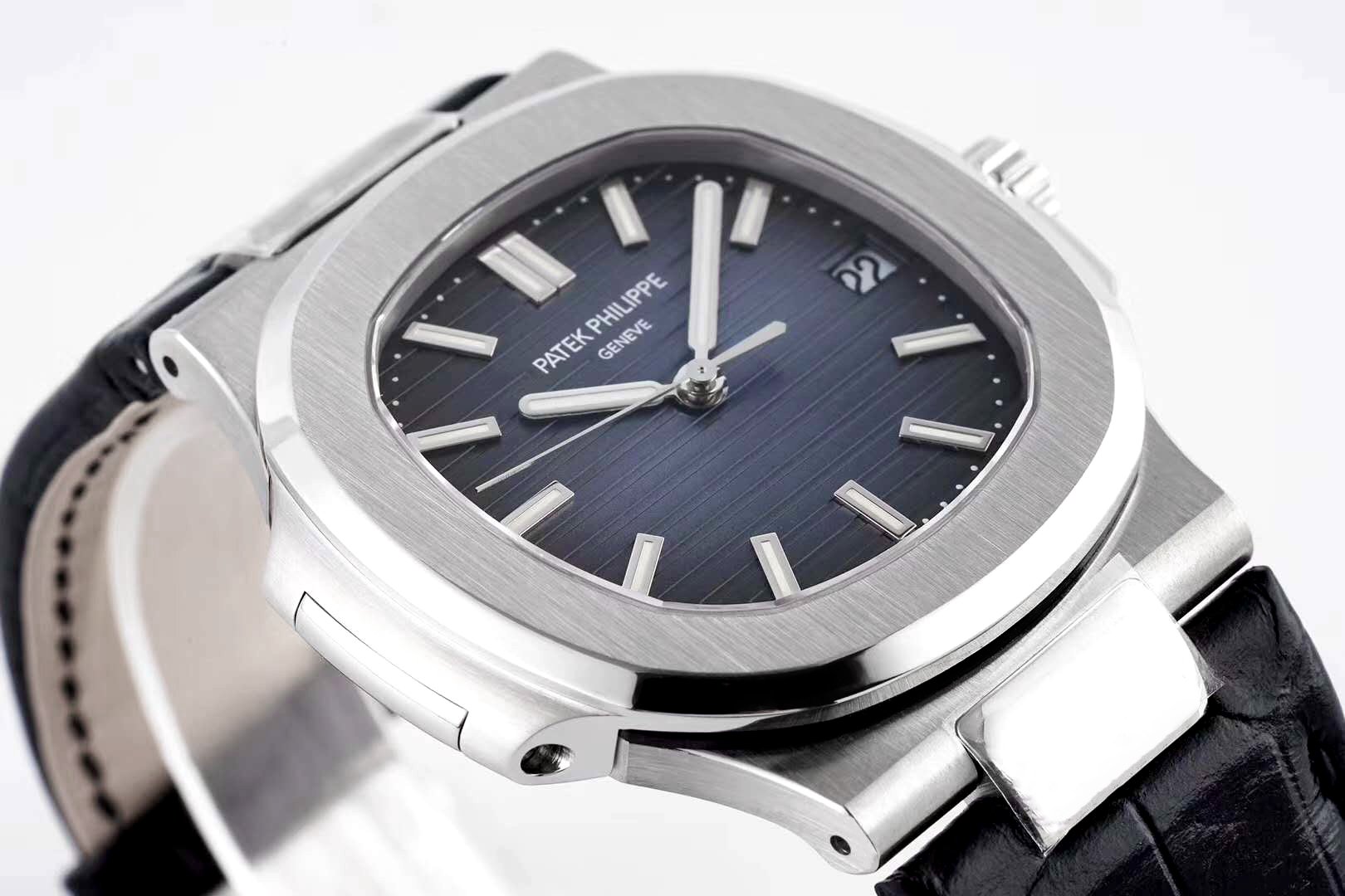 Nautilus Jumbo 5711 Blue Dial in Steel with Black Leather Strap